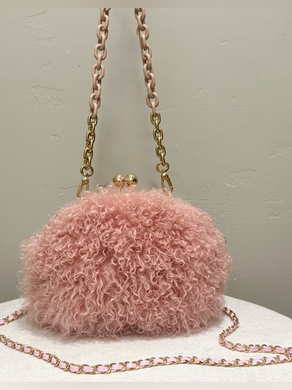 Handmade Blush Pink Curly Lamb Fur Kisslock Frame Bag, Includes 2 Strap Styles